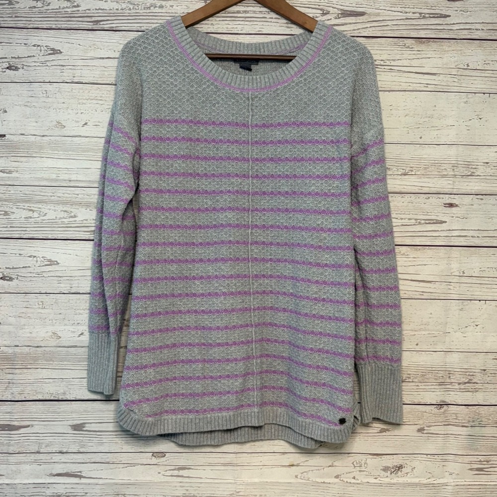 Eddie Bauer Womens Large Grey Purple Striped Cotton Knit Sweater